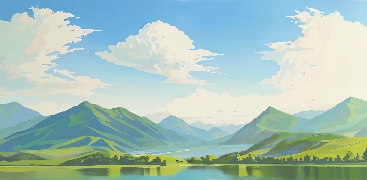 There is a painting，The scene is blue sky, white clouds, green water and green mountains.，Little flowers serve as embellishments.