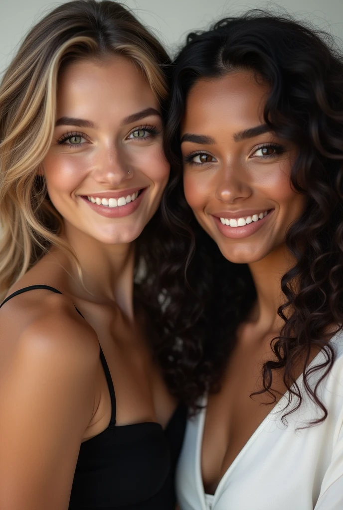 A dark blonde girl with wavy hair with her Hispanic friend with black hair and almond-shaped eyes, oval face shape, prominent cheekbones, and naturally wavy hair ,with a height of 170 cm, high resolution, work of art, best qualityer, complexdetails, highy detailed, sharpening, Detailed texture skin, Perfect eye details, Profession, 4k resolution, charming smile, shot with Canon, Depth of field, Cores Kodak Vision, extremely detaild, Fotografia Ultra-Realista, photo realist, Post-processing, Maximum details, True to life, instagram model, ensure that the model&#39;s entire body is shown