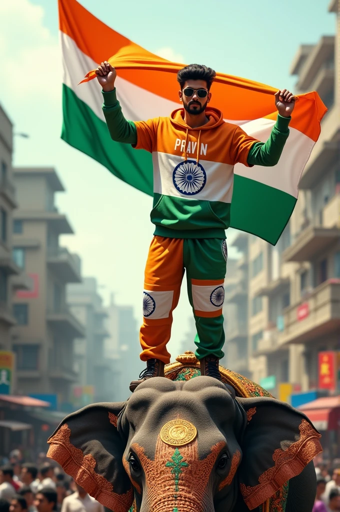Realistic image of an Indian city road in the background. A beautiful young man stands through the hood of a ELEPHANT, holding a 15 August Indian flag. He is dressed in a 15 August-themed hoodie and pants with ‘PRAVIN’ printed on the hoodie, wearing black sunglasses. The scene is vibrant and patriotic, capturing the essence of India’s Independence Day.