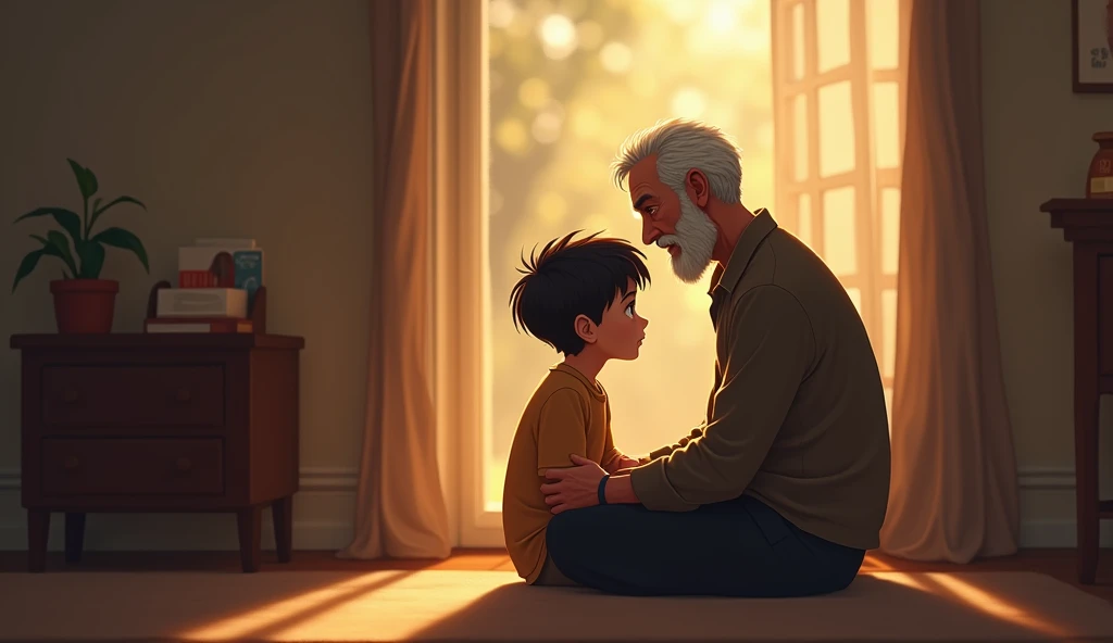 A quiet, intimate setting where a young boy is sitting silently, perhaps on a chair or the floor. His grandfather is gently approaching and sitting beside him, offering companionship and support. The environment can be a cozy room or a peaceful outdoor space, with warm, soft lighting that highlights the bond between them. The grandfather's presence should convey comfort and reassurance, while the boy looks slightly more at ease with his grandfather beside him. The overall mood should reflect a sense of calm and togetherness.