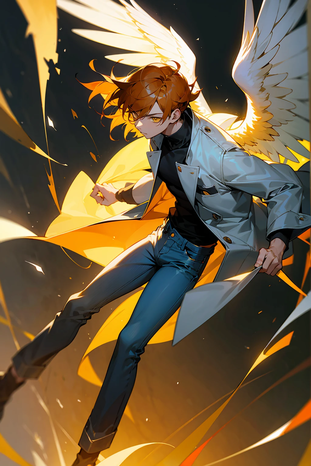 1male, Young Adult, Light Orange Hair, Black Hair, Two Toned Hair, Short Hair, Yellow eyes, Disheveled Hair, Radiant, Coat, Jeans, Masculine, Beautiful Lighting, Angel Wings, Flying, Muscular
