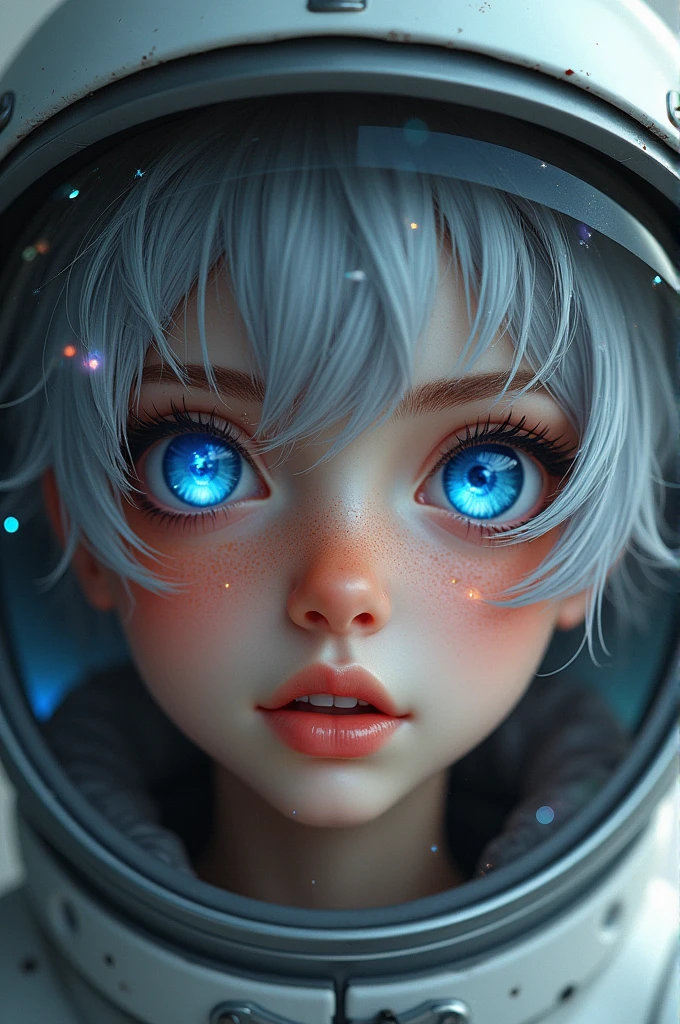 (Admire more masterpieces up close:1.5)0.9], (Space and astronauts:1.2) (Messy silver hair:1.1) (Heterochromia xanthochromia and blue eyes:1.2) (Space Helmet:1.0) (Colored stars in the eyes:1.0) (shining:1.1) (thick lips:0.9)