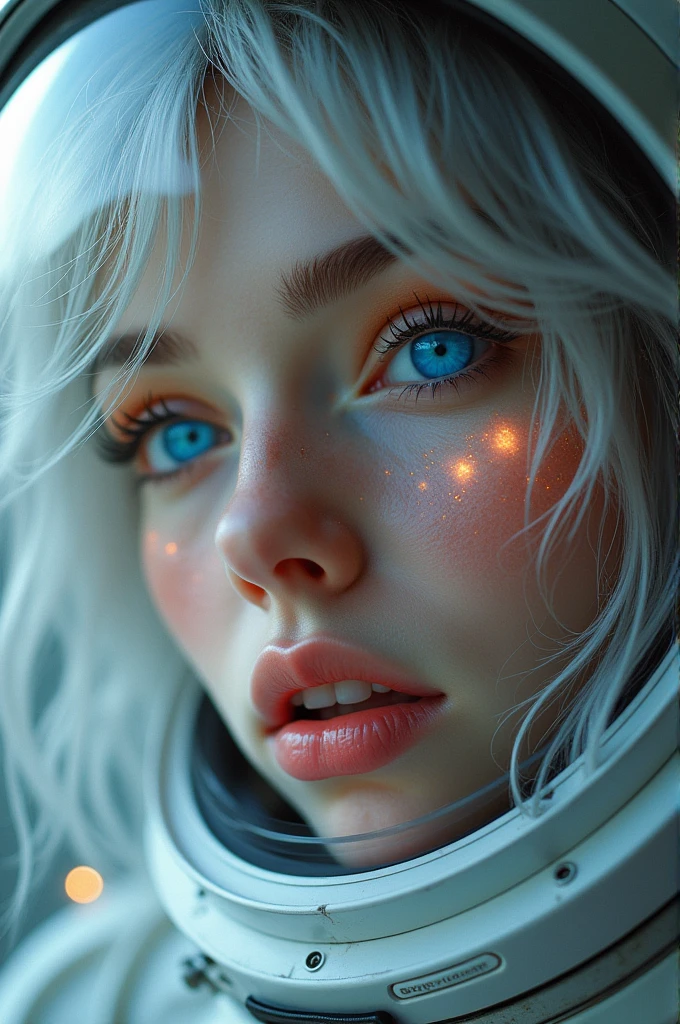 (Admire more masterpieces up close:1.5)0.9], (Space and astronauts:1.2) (Messy silver hair:1.1) (Heterochromia xanthochromia and blue eyes:1.2) (Space Helmet:1.0) (Colored stars in the eyes:1.0) (shining:1.1) (thick lips:0.9)
