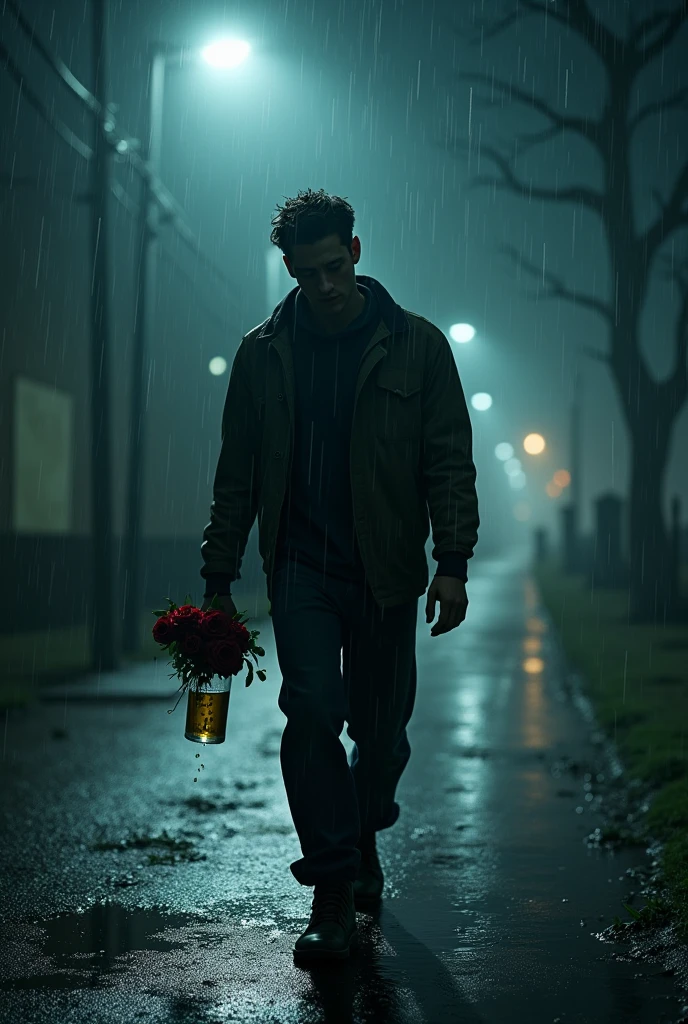 (masterpiece: 1.5) (photorealistic: 1.1) (8k) (HdR) (cinematic lighting), cinematic light, ray tracing, ultra high resolution, UHD, (photorealistic: 1.4), intricate details, detailed texture, fine details, high quality shadow, A young man walks at night, There is fog due to the (heavy rain), His face and clothes completely soaked by the (heavy rain), (Downpour), Down a street, very faint rays of the moon fall illuminating his face, showing sadness, pain, sobs, His walk is sad and slow. , In one hand he carries a bouquet of roses (rojas), (highlighting the roses), wilted by the rain.. On the other side, a half empty bottle of alcohol, walk slowly, In the distance you can see a cemetery