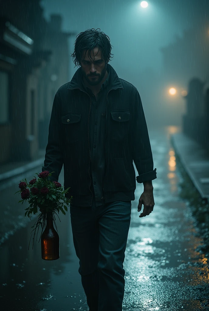 (masterpiece: 1.5) (photorealistic: 1.1) (8k) (HdR) (cinematic lighting), cinematic light, ray tracing, ultra high resolution, UHD, (photorealistic: 1.4), intricate details, detailed texture, fine details, high quality shadow, A young man walks at night, There is fog due to the (heavy rain), His face and clothes completely soaked by the (heavy rain), (Downpour), Down a street, very faint rays of the moon fall illuminating his face, showing sadness, pain, sobs, His walk is sad and slow. , In one hand he carries a bouquet of roses (rojas), (highlighting the roses), wilted by the rain.. On the other side, a half empty bottle of alcohol, walk slowly, In the distance you can see a cemetery