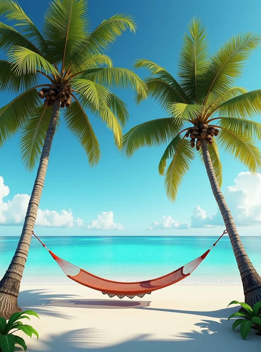 Caribbean beach with fine white sand and turquoise water in the background. In the foreground 2 large palm trees separated by a hammock