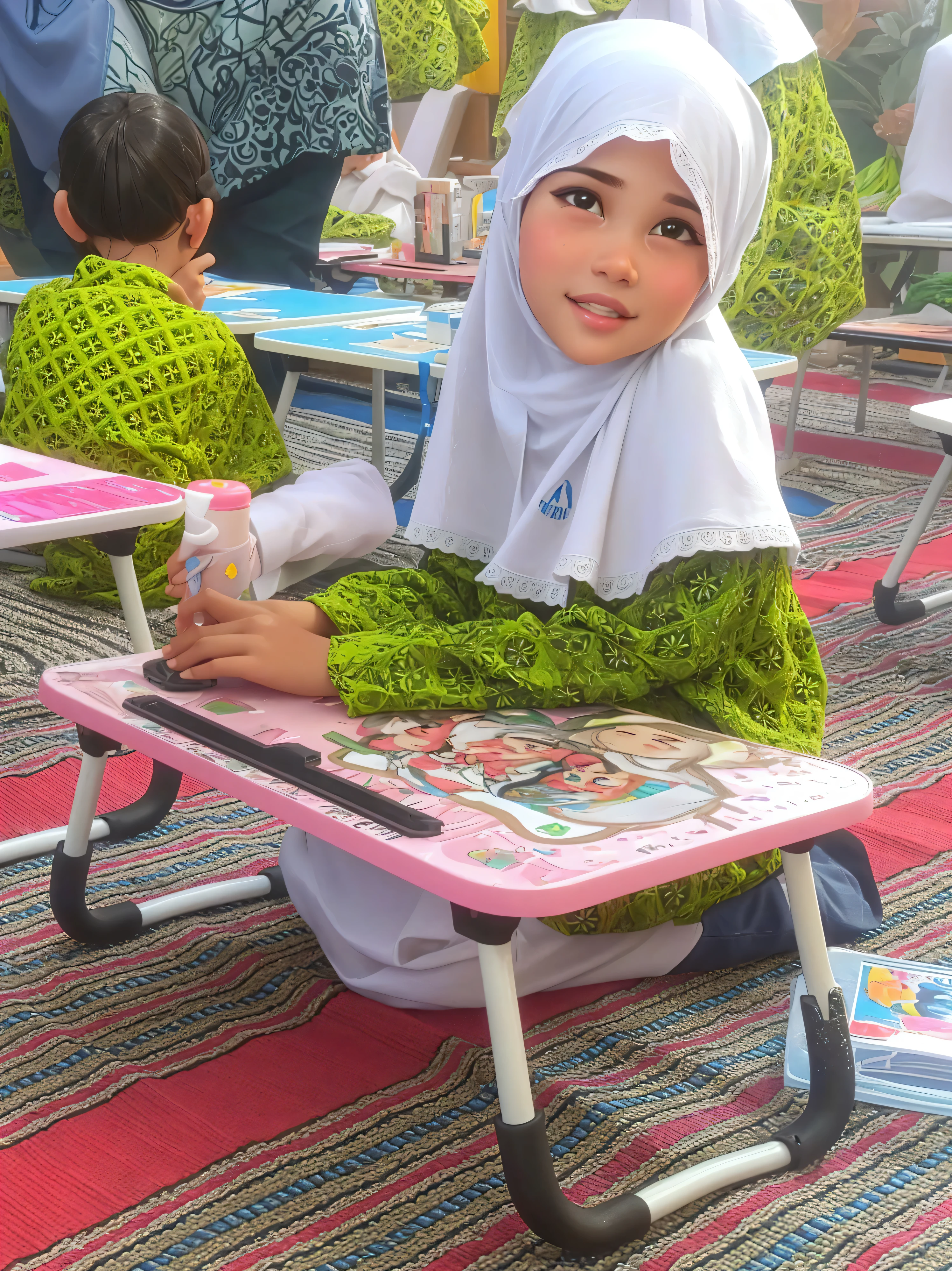 there is a young girl Five years old wearing a white head scarf, a picture, close up potrait, innocent face, potrait, perfect expression, innocent look, inspired by Nazmi Ziya Güran, profile picture 1024px, reyyan, old picture, innocent smile, white hijab, inspired by Naza, full protrait, sweet and innocent, 3D render, 3D Cartoon, big head, cartoonish look, high resolution, super detail, soft lighting