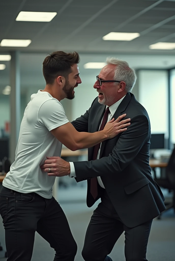 Young guy in his thirties, wearing a white t-shirt, fighting his 50 years old manager wearing a suit in the working open space. The manager is bleeding from his nose and has a black eye. Realistic picture shot with an Iphone 14
