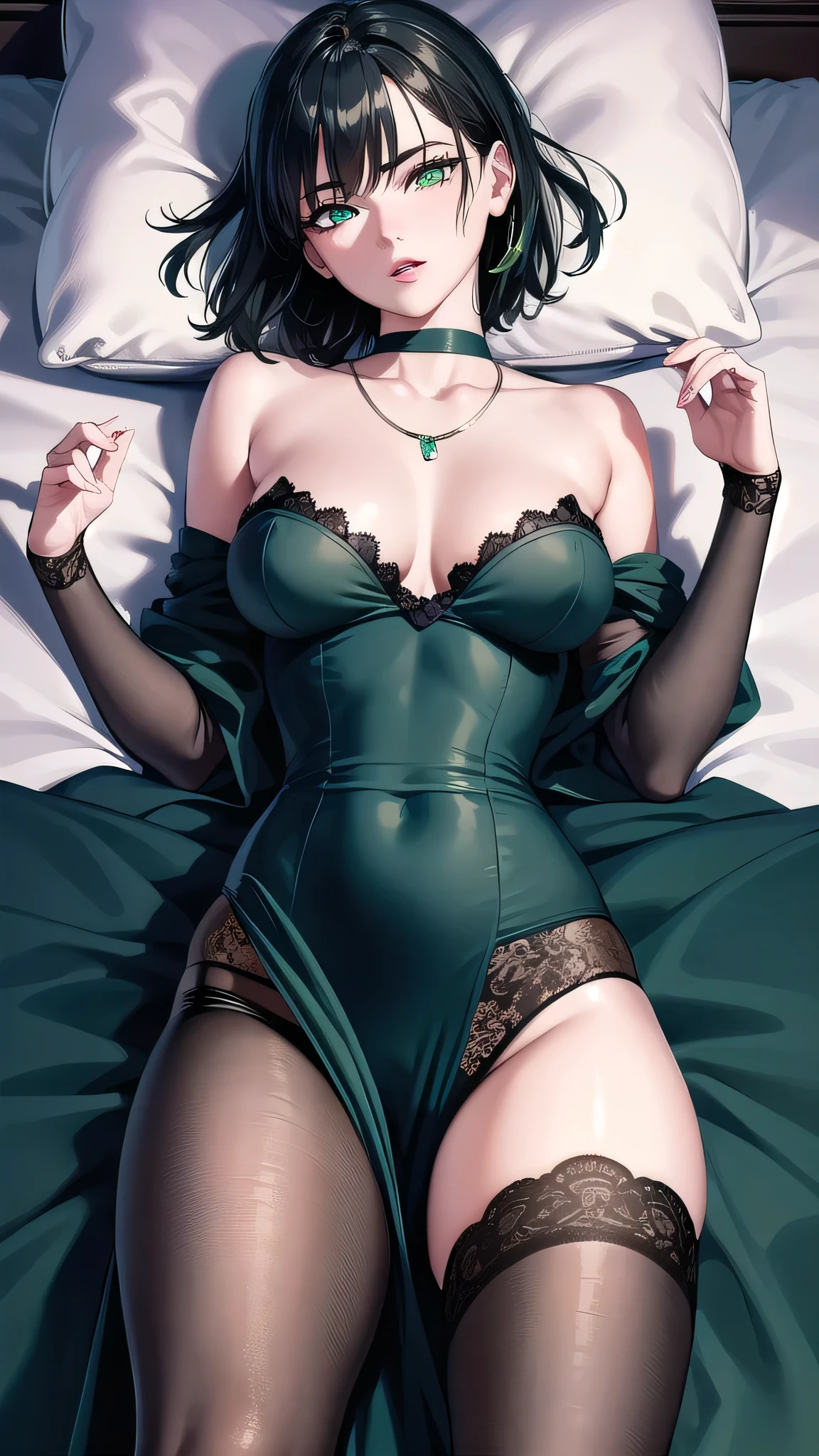 BREAK (masterpiece:1.2), best quality, high resolution, unity 8k wallpaper, (illustration:0.8), (beautiful detailed eyes:1.6), extremely detailed face, perfect lighting, extremely detailed CG, (perfect hands, perfect anatomy)mansion,bedroom,windows,candles,soft light,night,,fubuki, black hair, (green eyes:1.5), short hair,black dress, dress, fur coat, high collar, jewelry, necklace, off shoulder, taut clothes, taut dress,stockings,neckline,cleavege,nipples see through,black stockings,upskirt,showing panties,lace panties,showing legs,lie on back,lie in bed.