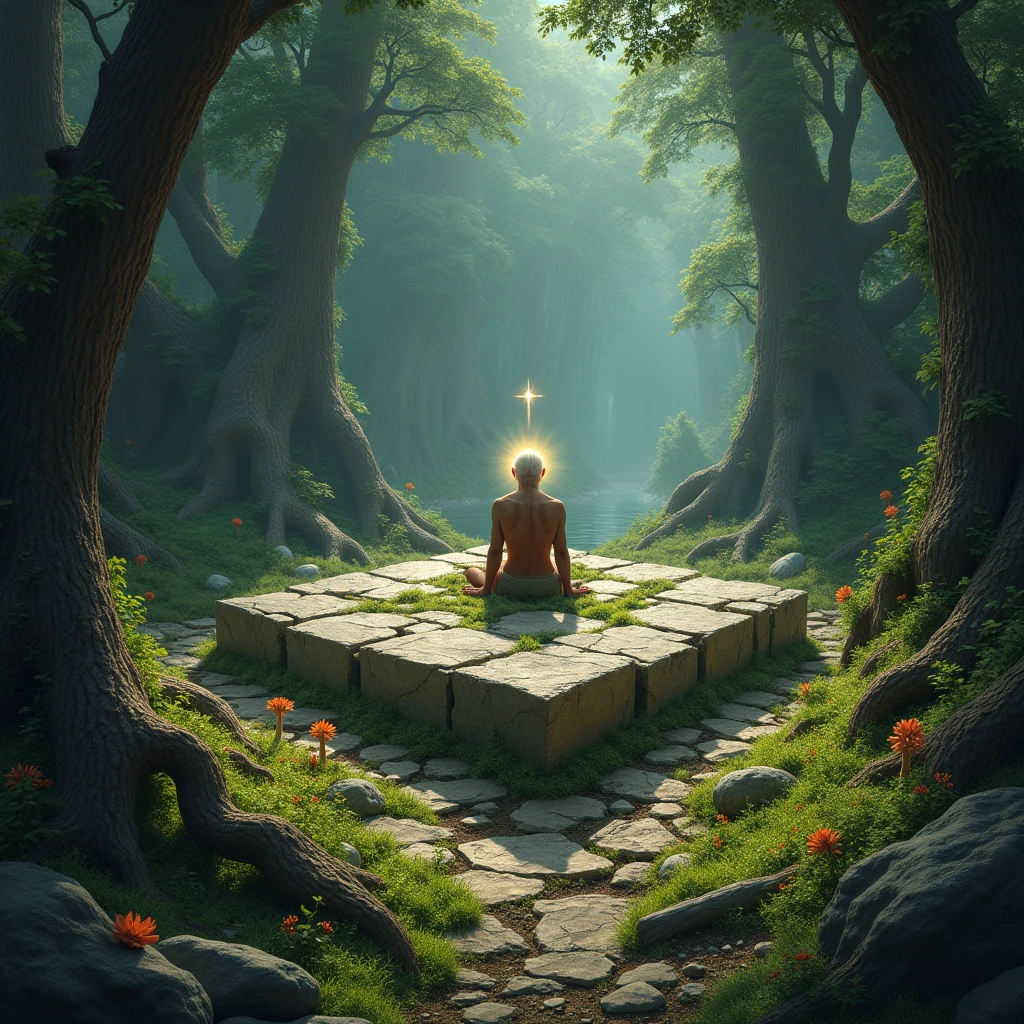 Tribal style, Square land model of rocks, Ancient forest with rocks, In the middle sits an old man with a celestial look.,Trees and mossy decaying wood, mushroom, Flower and grass growth