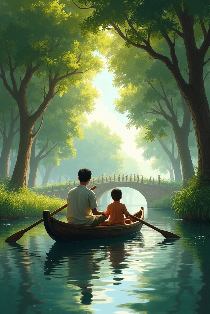 A father and son paddle a canoe in a canal surrounded by trees. There is a bridge connecting the villages.