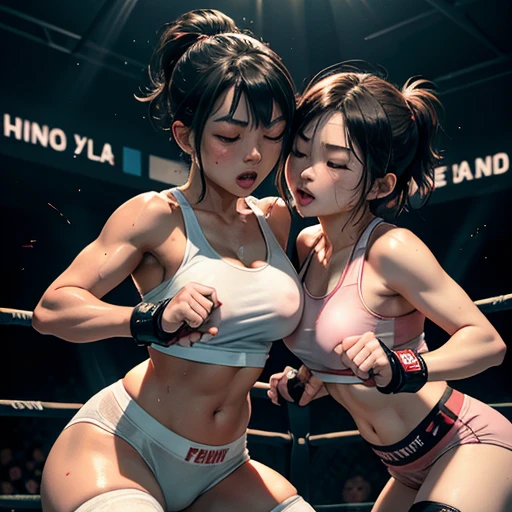 their punches are hitting to each other's cheeks. they are beating each other so hard. bloody beautiful Japanese female fighters are fighting in the octagon. life or death struggle. survival battle. dynamic exciting action in the octagon fighting ring. whole body picture. they are covered in scars and bruises. they are damaged terribry. Short-cut black hair, out of breath, drooling from mouth, one eye is closed, exhausted, drenched in sweat. Erect nipples. open finger glove. Ragged white and pink lined sports bra, high leg panty, Stockings. armwarmers. small breasts, armwarmers. Whittled waistline