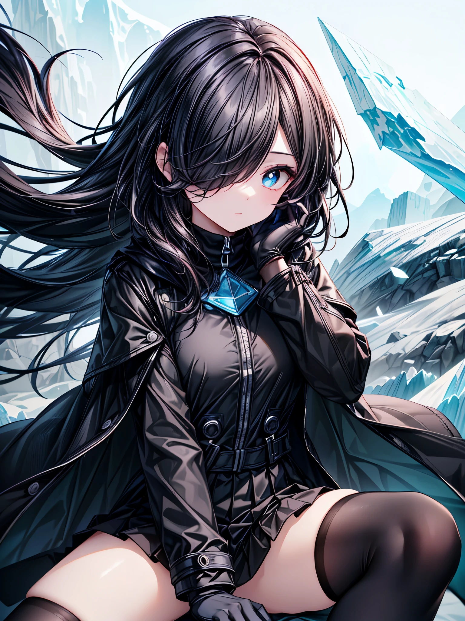 ((spread legs, sitting)),((Celestial Glacier)),((masterpiece)),((Highest quality)),((black micro mini length skirt)),((face waiting for kiss)),((alone)),((Deep blue pupils)),((sparkling eyes)),(Beautiful Blue Eyes),((Wearing a black coat)),(((Wearing black tights))),(Slim body),((length, Shiny black hair)),((Her left eye is completely hidden by her bangs)),((Her hair is parted, and you can see her eyes through it)),((Wearing black gloves)),((hair over one eye,long hair)),((Complex background)),((Hair blowing in the wind))