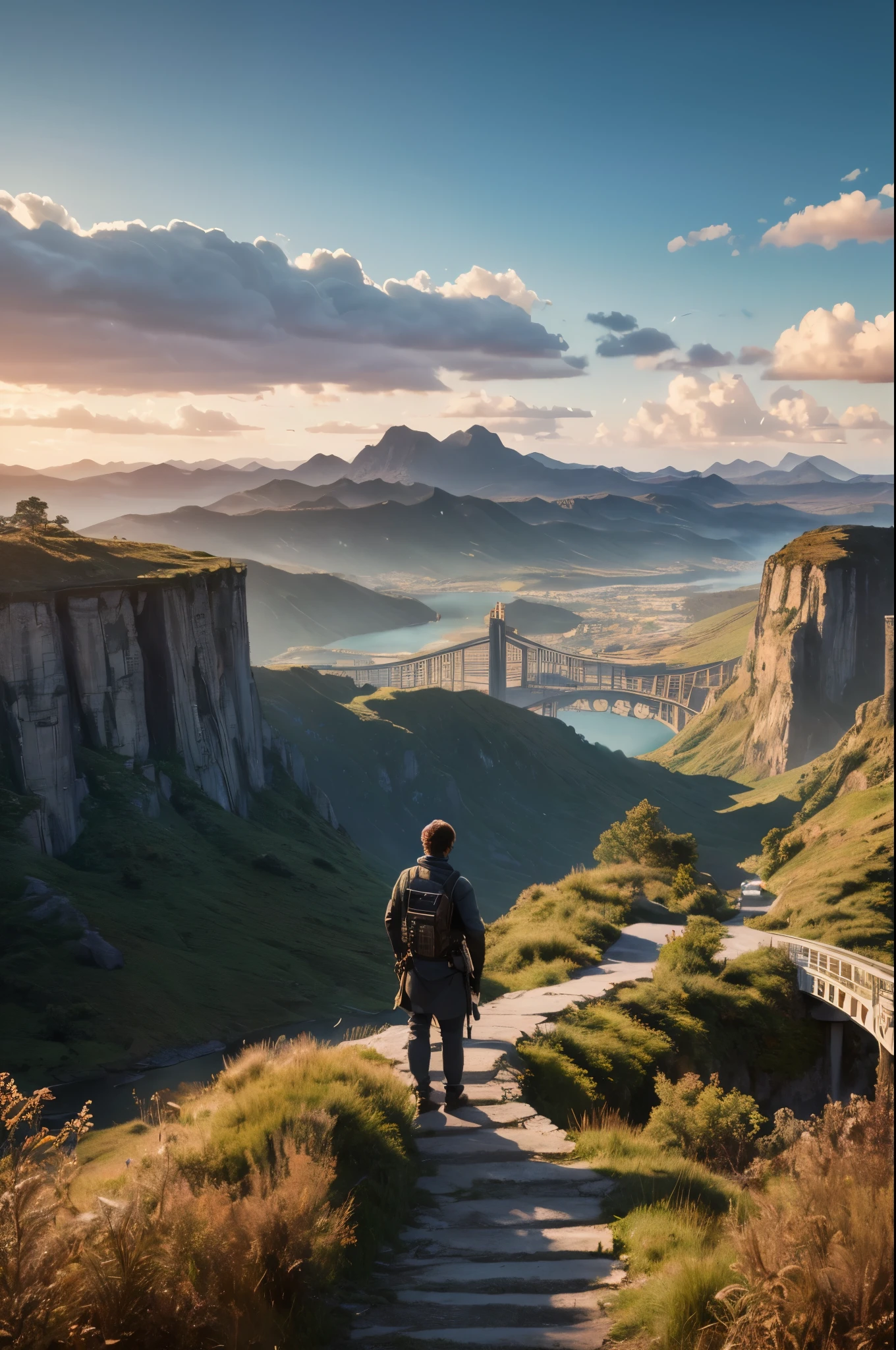 (8k unit wallpaper CG highly detailed, masterpiece, Highest quality, Very detailed), (((alone)))), ((Very wide shot:1.15)), The man is on the bridge.、Looking out at a sci-fi city in the distant background, ((Rear view)), ((whole body)), (Attention to detail), (Complex details), Complex, Nice views, Detailed Environment, highly Detailed Environment, Illustrator, (masterpiece).