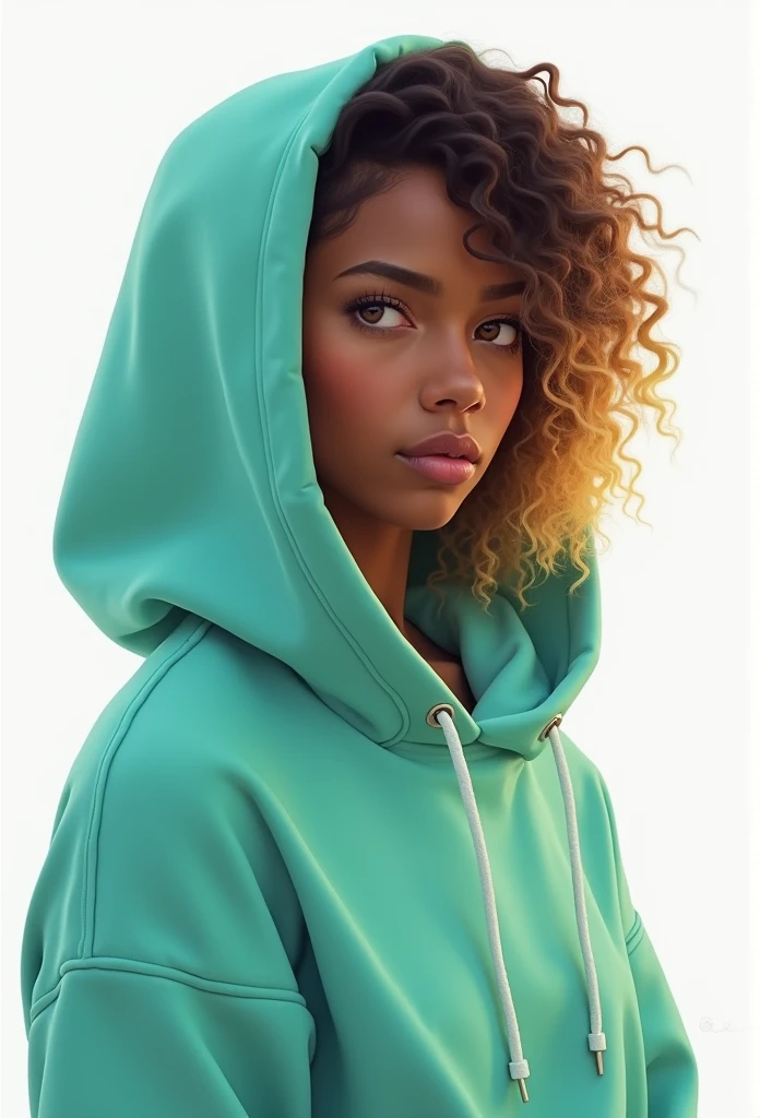 1 , Solitary, Single focus, Cowboy shooting, portrait, Capuz Oversized, Aqua Green Pack Hoodie, Half water, Half Green, ((Brown hair)), (Yellow hair), (Gradient hair :1.5), curls, ((Pink Eyes)), Ultra Thin Eyes, What, (Dark Skin Caramel:1.1), Better quality, Ultra Detailed, White background, Simple background