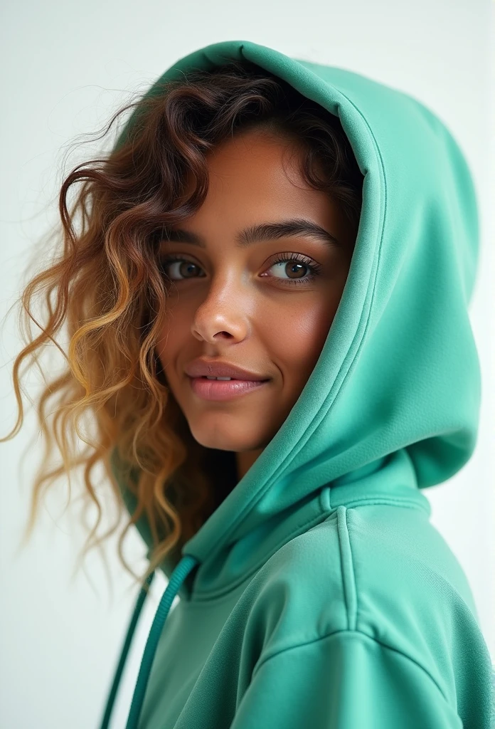 1 , Solitary, Single focus, Cowboy shooting, portrait, Capuz Oversized, Aqua Green Pack Hoodie, Half water, Half Green, ((Brown hair)), (Yellow hair), (Gradient hair :1.5), curls, ((Pink Eyes)), Ultra Thin Eyes, What, (Dark Skin Caramel:1.1), Better quality, Ultra Detailed, White background, Simple background