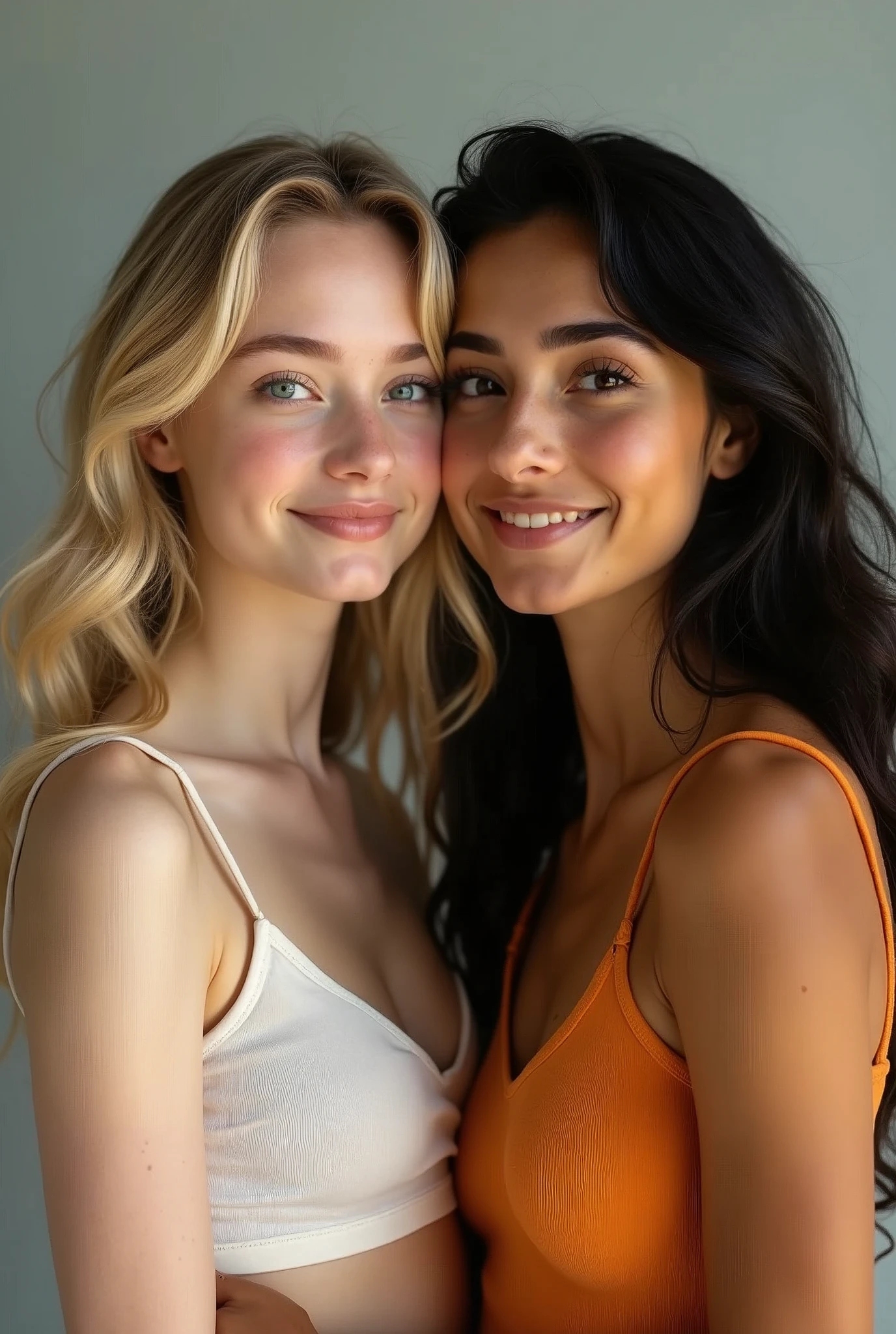 A blonde girl with wavy hair with her Hispanic friend with black hair and almond-shaped eyes, oval face shape, prominent cheekbones, and naturally wavy hair ,with a height of 170 cm, high resolution, work of art, best qualityer, complexdetails, highy detailed, sharpening, Detailed texture skin, Perfect eye details, Profession, 4k resolution, charming smile, shot with Canon, Depth of field, Cores Kodak Vision, extremely detaild, Fotografia Ultra-Realista, photo realist, Post-processing, Maximum details, True to life, instagram model, ensure that the model's entire body is shown