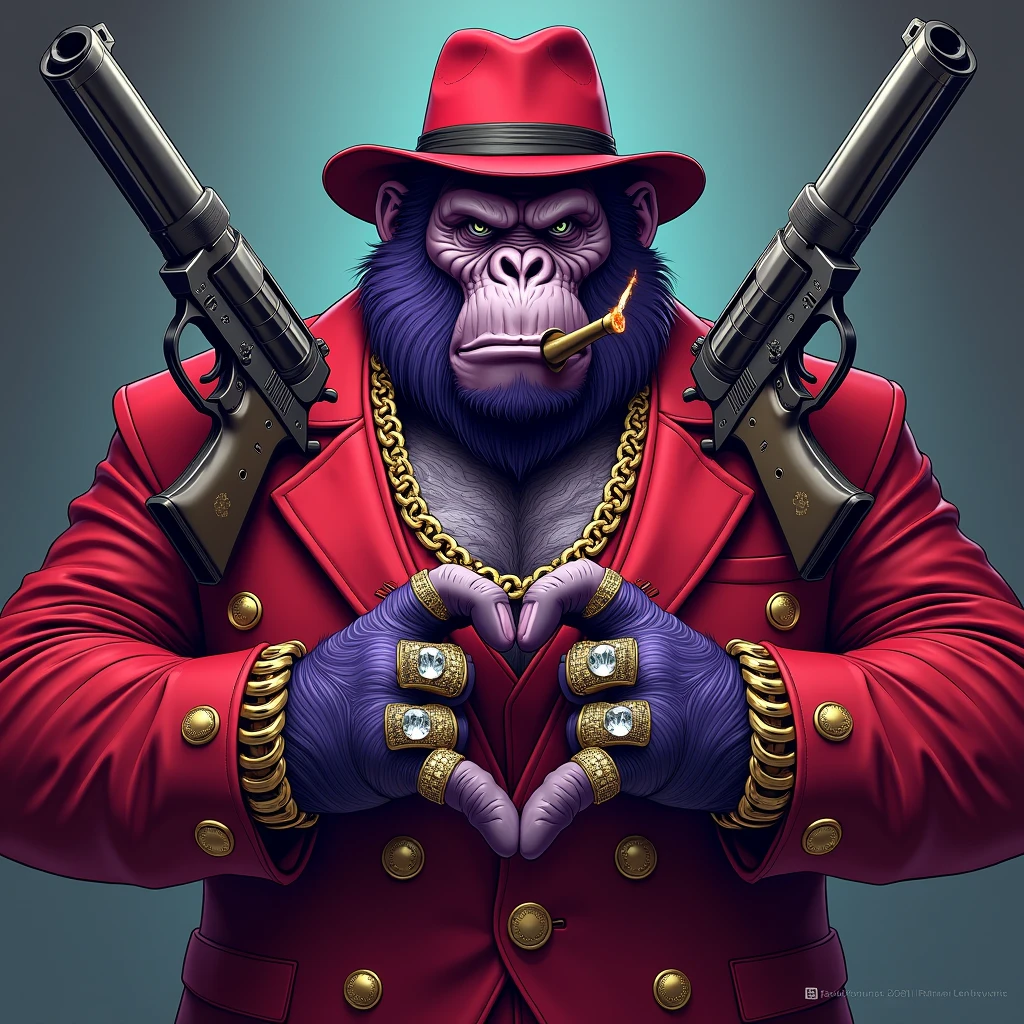 1 purple ape, With giant and high-caliber weapons, with a red gangster suit with chains, hat and glasses, tattooed, with huge diamond and gold rings, smoking with a pipe, making a heart with both hands