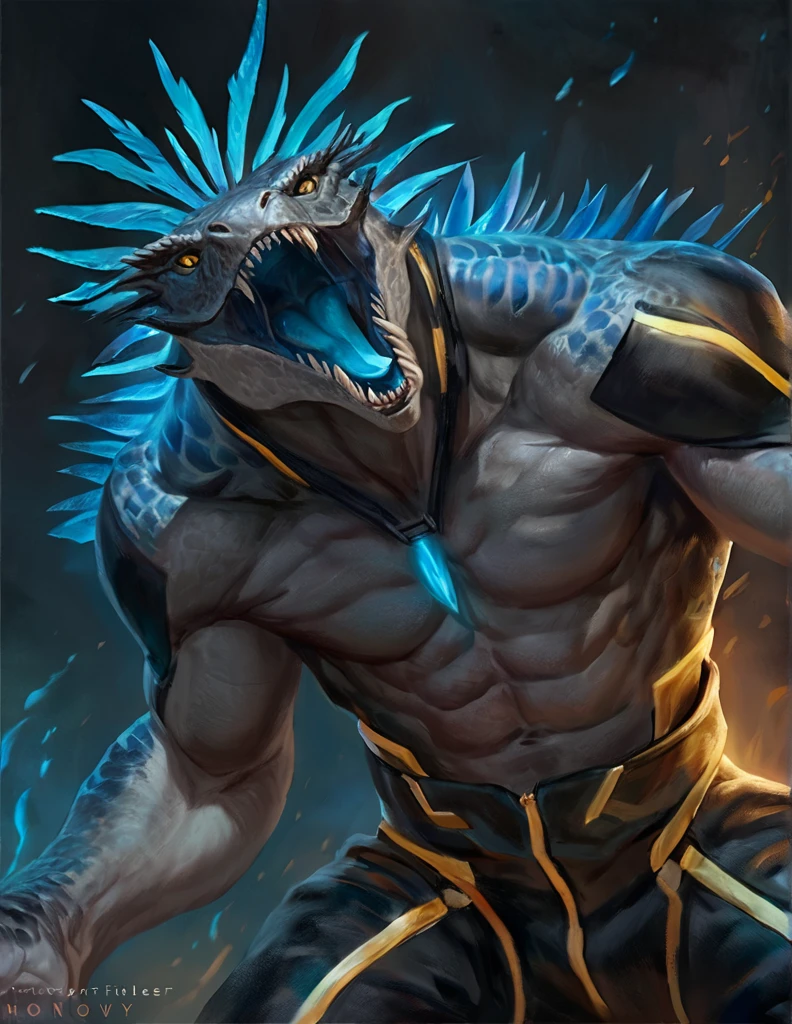 a ferocious male lizardfolk druid, muscular detailed body, gray color body, yellow eyes, hungry, open mouth, neon blue tongue, masculine pose, tall topless, magic bodysuit, comic book style, best quality, 4k, ultra-detailed, realistic, by laobai, by taran fiddler, by honovy