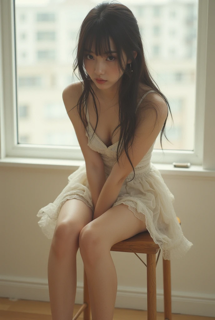 Japanese girl in a fluttering mini skirt Sit on the head with legs apart