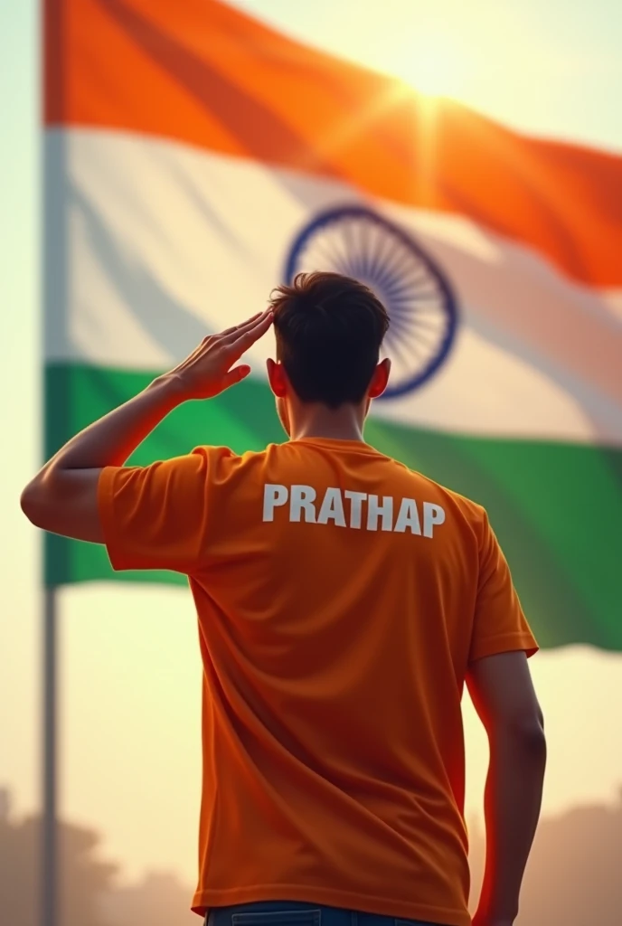 Indian Flag named 78th indipendent day safron colour one white colour tshirt one 25 years old boy stand behind the flag and salute in right hand position backside of t shirt name in PRATHAP