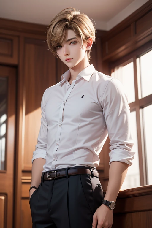 There is a man, who is looking forward to,bang, short straight blonde hair, strong, anton, Handsome young man, 18 years,