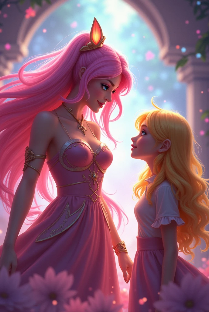 Seraphine from League of Legends talking to a blonde girl, saying hi