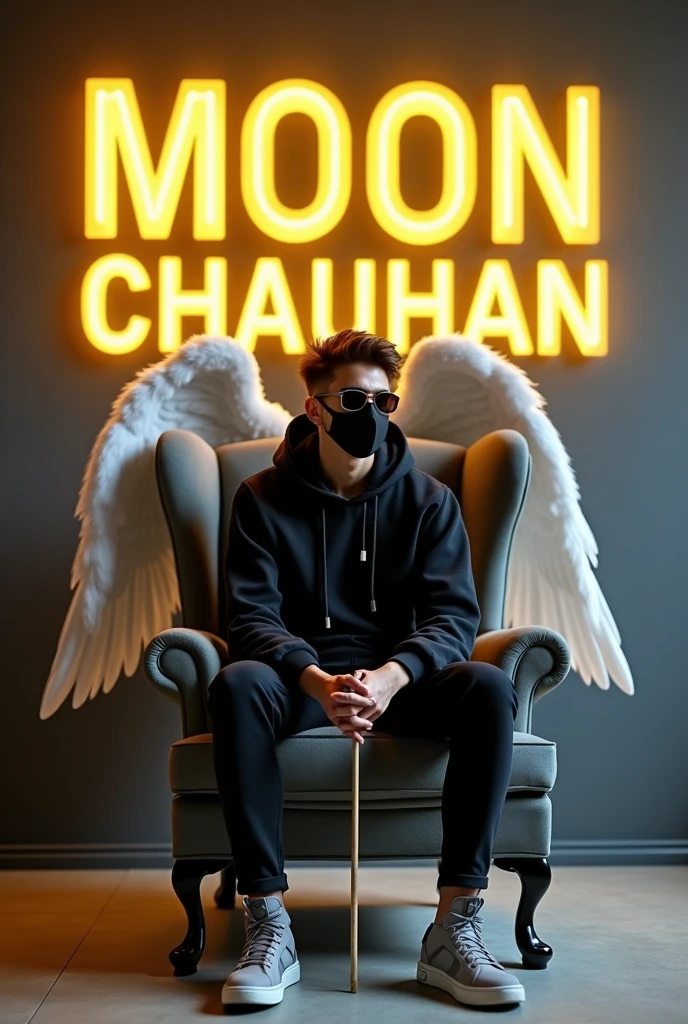 Creat a 3d illusion for a profile picture where a 25 year old cute boy in a black hoodie sitting casually on a wingback chair wearing sneakers, with black mask, and sunglasses, he looks ahead the background features "MOON chauhan"in big and capital "yellow"neon light founts on the dark grey wall there should not be his shadow, and there are wings HATH MEIN FLAG to make it appear as if he is an angel
