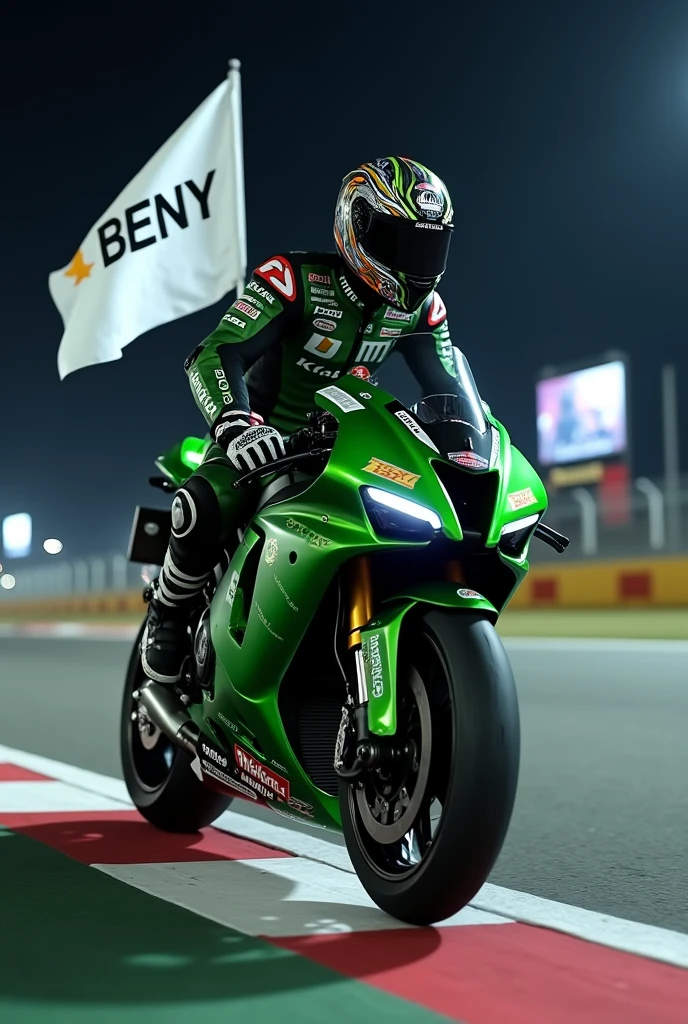 ((best quality)), ((masterpiece)), (detailed), 1man, superbikes rider on cornering pose, one hand holding white flags with text BENY pose(realistics) to the camera, wearing racer wearpack, ninja motorcycle type 10R(green metalic)with sponsors stickers, low angle camera, at nights, race helmet 46 motif, red white corner line, green grass, lightings, podium and billboard, realistics and detailed vision.