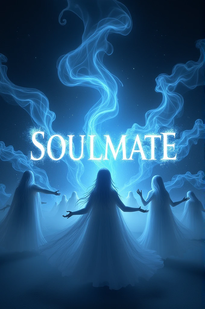 There is a ghosty, fantasy title "SOULMATE" written between flying blue and white magical ghosts. Magical ghosts. There is a black dark night, some ghosty atmosphere, magical smoke in the air. A 3D, fantasy, adventure, realistic and aesthetic poster.