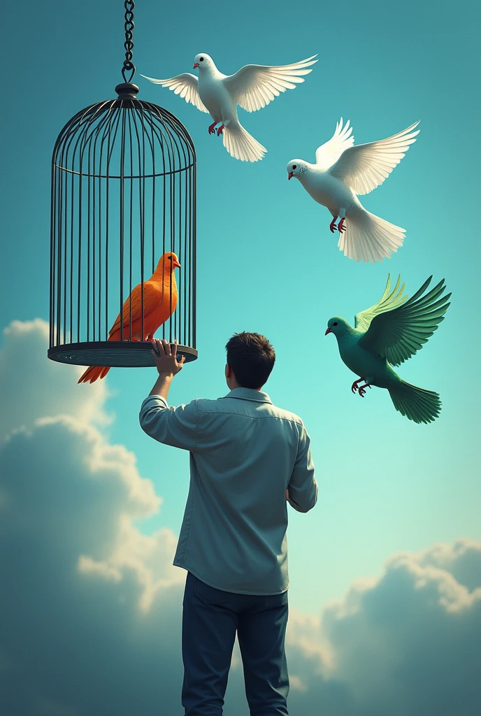 A man facing back, is opeaning cage lock to free thre doves, one is of orange another is of white and another is of green colour, Baground colour is sky blue