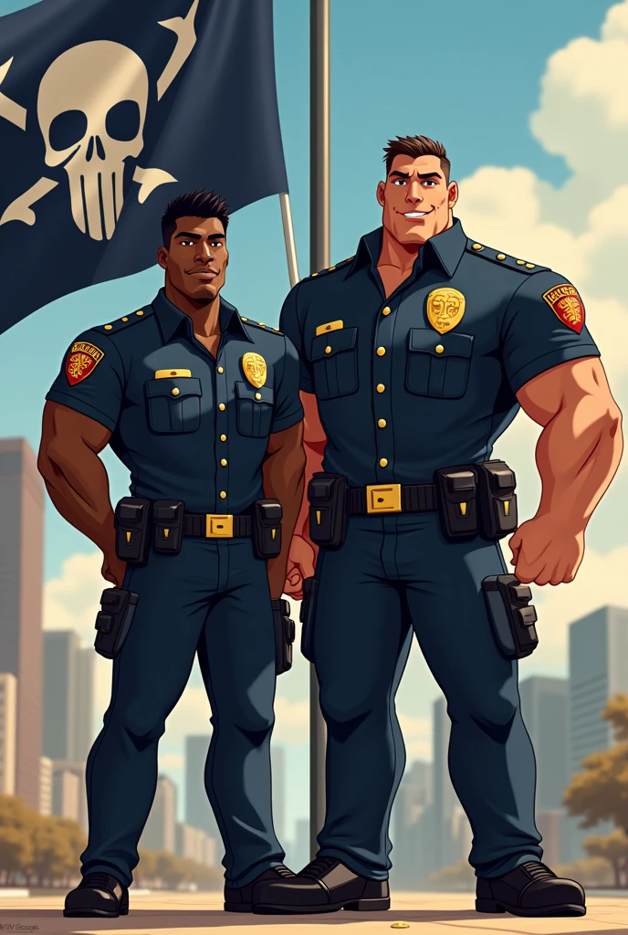 Create two muscular male police officers in a Disney animation style, One shorter and darker, the other taller and white. (Both without beards , SMOOTH FACE) Write on a flag next to the skull symbol of the BOPE (Elite squad): my time is now