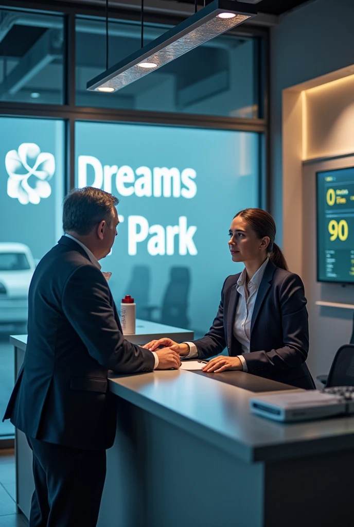 On the desk front of an organization is written 'Dreams IT Park' A service seeker is taking service from the admin