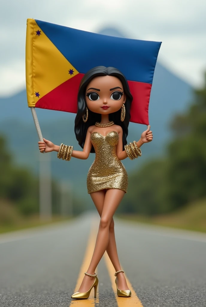 Funko pop of a 27 year old girl wearing plated beaded gold ring earrings strapless mini bodycon gold glittered dress gold metallic heels and 2 pairs of chunky gold metallic bangle bracelet in her right wrist and the girl standing on the road with holding a national flag of the Philippines and behind her is the Mount Banahaw Create realistic image high quality