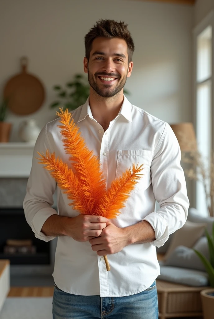 (photorealism:1.2),a handsome man, wearing a white shirt and blue jeans, smiling, standing in the house, holding orange colore Leichhardt pine