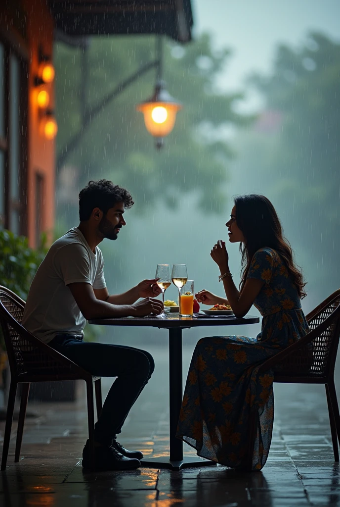 A boy age 27 south India from andhrapradesh wear jeans and t-shirt dusky skin and there was a girl age 25 north India from mumbai looks very modern she wears western dress looks very beautiful and active. Both are went restaurant. They sat opposite. Having lunch.Cloudy skies and full raining.