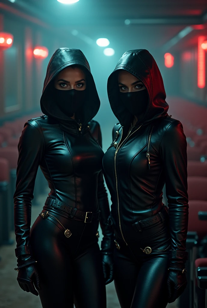 2 women wearing hoodies and leather gloves, dressed in tight leather outfits, robbing a cinema.