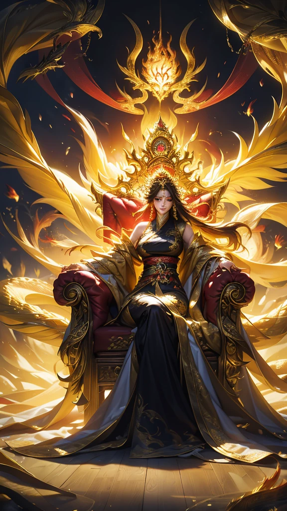 best quality,masterpiece,Ultra-high resolution,(photoactual:4：0),The Golden Palace,A beautiful Eastern Nine-Tailed Fox Empress,long hair shawl,Big breasts,thin waist,Wearing a black dragon and phoenix robe,Sitting on the Dragon Throne