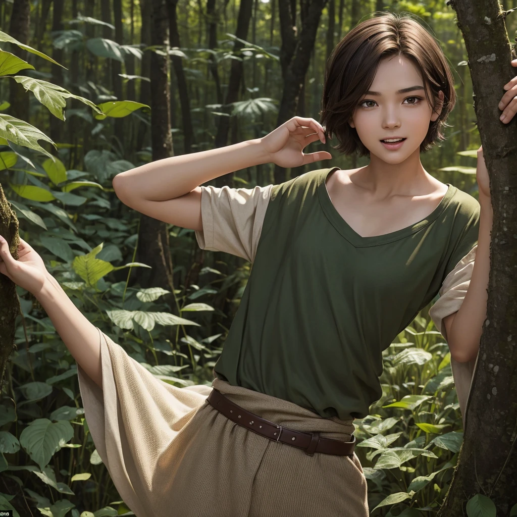 "A medieval-style female character. Face only, not below the chest. Facial expression with wide-open eyes in surprise and open mouth. Short hair that does not reach past the shoulders. Young-looking, appears to be in her late teens but is in fact 30 years old. Bright and lively attitude, with an energetic and cheerful expression. Androgynous face with a boyish air. Short, practical hair, a natural colour of brown. Slim, small chested and short in stature. Clothing is practical and resembles that of a country boy, consisting of a simple shirt and a natural earth colour palette. Background is lush forest with strongly blurred background."