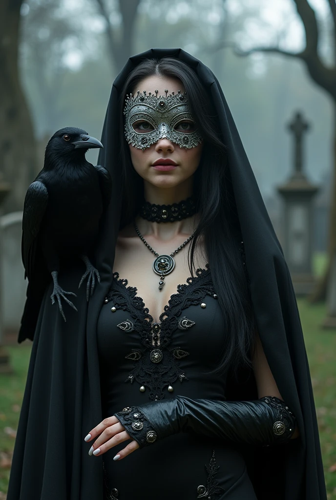 (Masterpiece:1), realistic, ((cinematic lighting)), official art, unity 8k wallpaper, ultra detailed crown mask, beautiful and aesthetic, High quality tool, beautiful, best quality, ((occult symbols)), esoteric, holy divination, fractal patterns, (a sister), a young 25 years old woman wearing a silver blind mask, big breast, (smile: 0.8), thin and slender, black long hair (black hair: 1.2), black lips, perfect hands, perfect fingers, straight hair, choker, (black clothes), armor, ((Cassock)), capelet, elbow gloves, a crow (a crow: 1.2), on side, full body (from below, dutch_angle: 1.1), dutch angle, gothic cemetery, horror, dark_fantasy.
