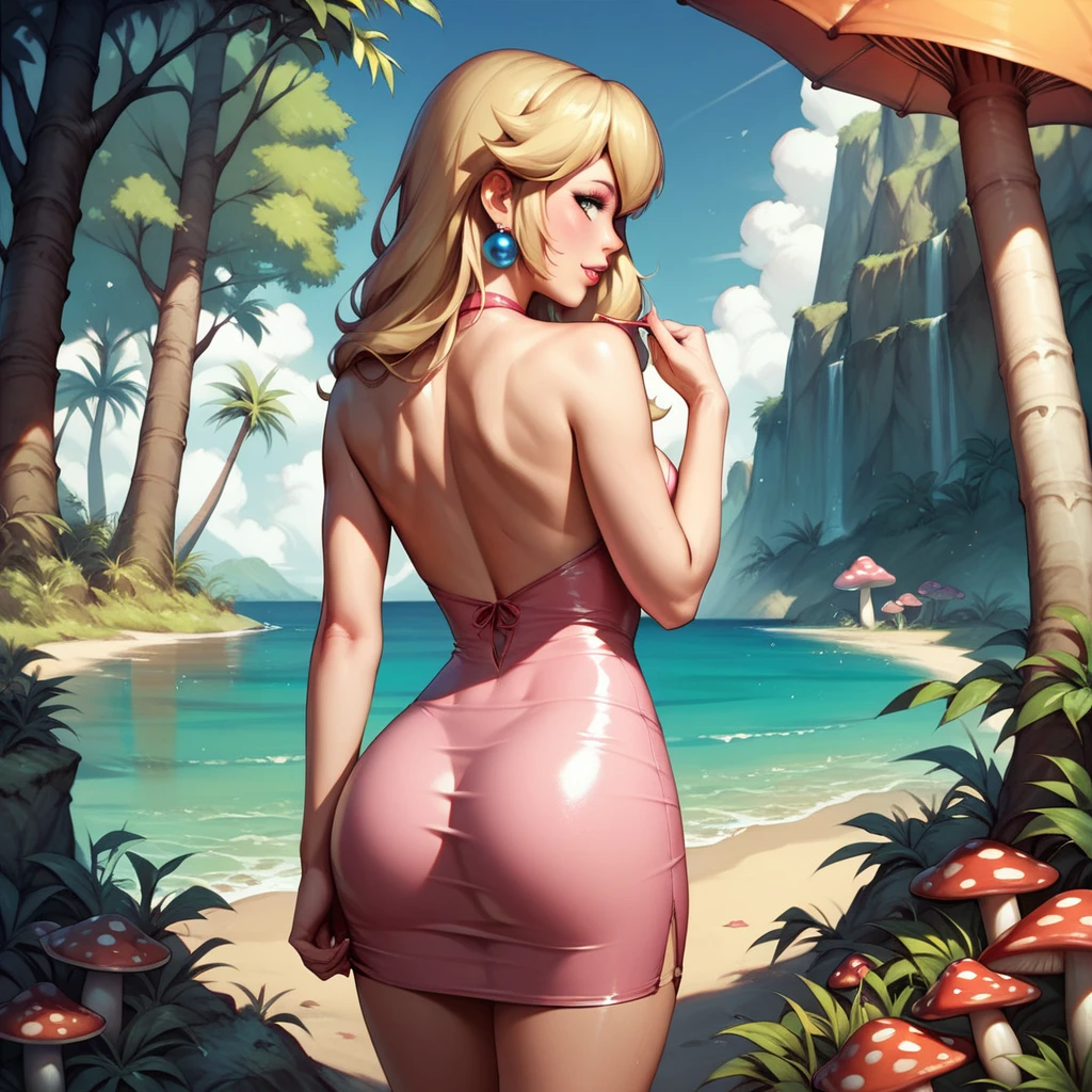 Princess Peach leans into a mushroom forest picking mushrooms from the ground. wearing a short dress, tight dress, long wavy blonde hair, seductive body. Detailed body, detailed clothing, well-defined beach. masterpiece, vivid colors. From behind