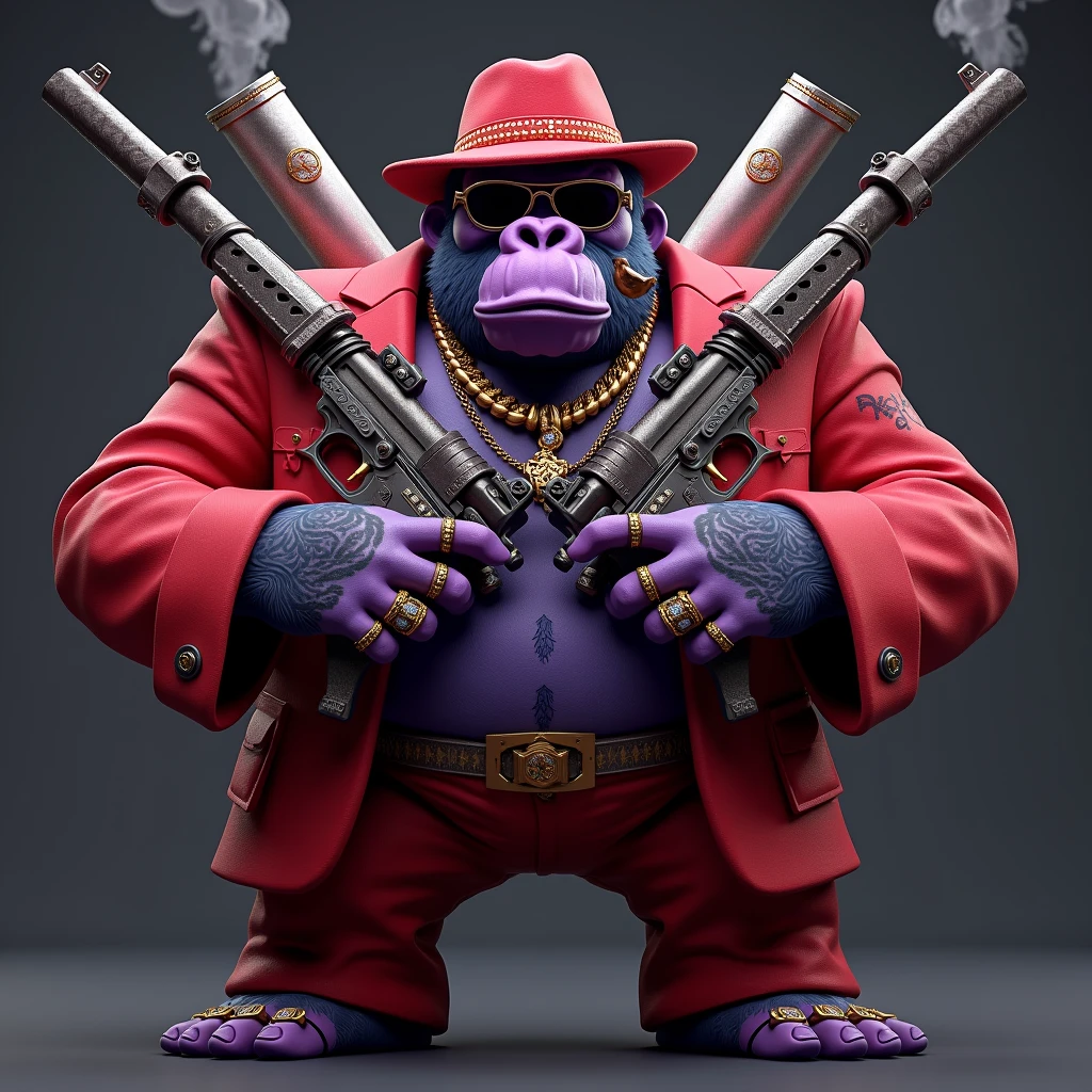1 purple ape, With giant and high-caliber weapons, with a red gangster suit with chains, hat and glasses, tattooed, with huge diamond and gold rings, smoking with a pipe, making a heart with both hands