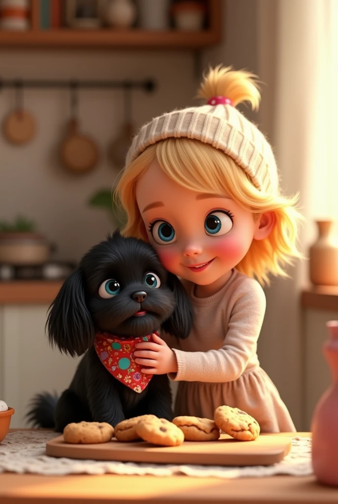 1 blonde girl, cute black shih tzu puppy with big blue eyes wearing a colorful collar and bandana, 3d render, 2d animation, eating cookies, colorful, 3d pixar style, dynamic composition, cinematic lighting, baking cookies, photorealistic, high quality, intricate details, soft textures, warm colors, playful expression, adorable, photorealistic, best quality, 8k, hyperrealistic, detailed, sharp focus, professional 3d rendering