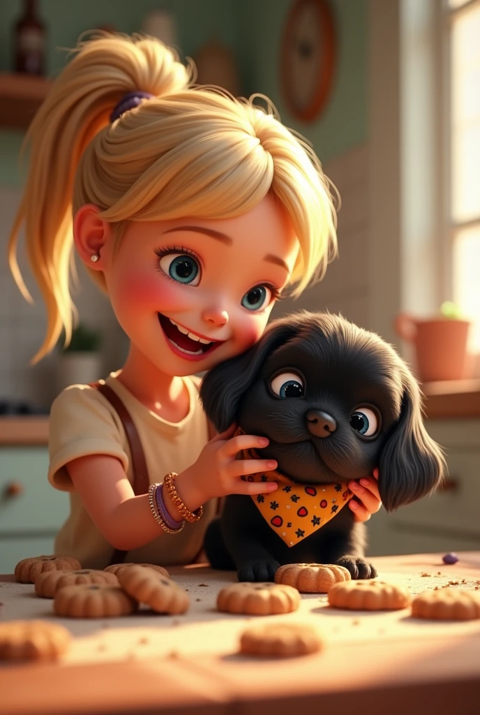1 blonde girl, cute black shih tzu puppy with big blue eyes wearing a colorful collar and bandana, 3d render, 2d animation, eating cookies, colorful, 3d pixar style, dynamic composition, cinematic lighting, baking cookies, photorealistic, high quality, intricate details, soft textures, warm colors, playful expression, adorable, photorealistic, best quality, 8k, hyperrealistic, detailed, sharp focus, professional 3d rendering
