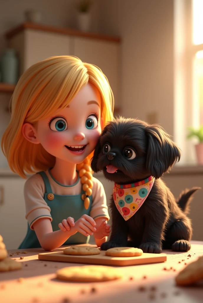 1 blonde girl, cute black shih tzu puppy with big blue eyes wearing a colorful collar and bandana, 3d render, 2d animation, eating cookies, colorful, 3d pixar style, dynamic composition, cinematic lighting, baking cookies, photorealistic, high quality, intricate details, soft textures, warm colors, playful expression, adorable, photorealistic, best quality, 8k, hyperrealistic, detailed, sharp focus, professional 3d rendering