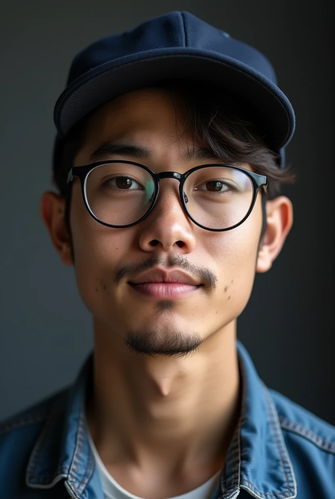 um jovem incrivelmente bonito e quente de 19 anos com cabelos castanhos escuros curtos e olhos castanhos, angular jaw, face da caixa, barba de restolho, Alto e magro, wearing a casual shirt and a cap. dark gray background and studio lighting, Yearbook pose, close-up do personagem, retrato headshot do personagem, close-up do personagem. Little mustache , brown eye , square jaw, soft acnes scars , brown skin, Indonesian look, Asian look , wearing a navy hat and glasses , short hair
