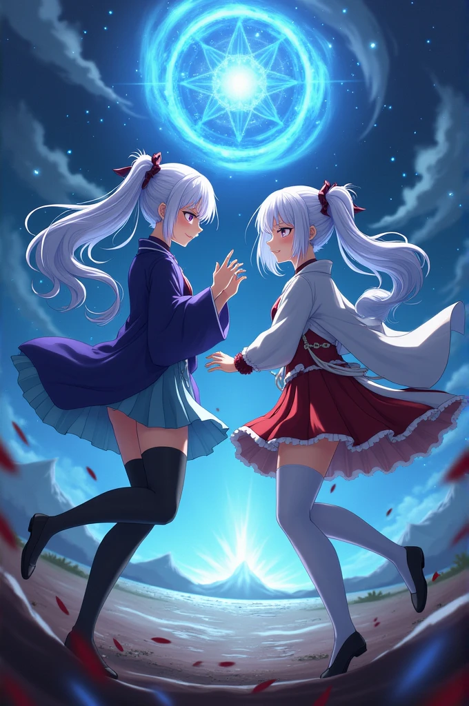 2girl, japanese clothes, ponytail ,white hair, purple eyes, magic circle, blue fire, blue flames, wallpaper, landscape, blood, blood splatter, depth of field, night, light particles, light rays, sidelighting, thighs, fate \(series\), genshin impact, ****, open jacket, short skirt, thighhighs, cloud, naughty communication 