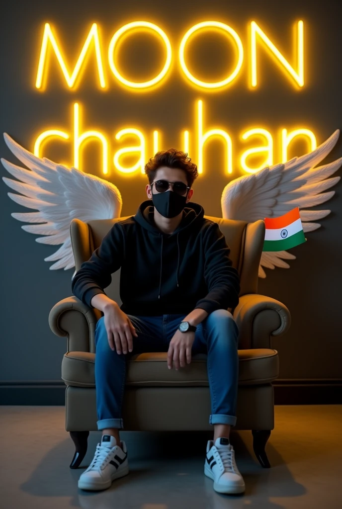 Creat a 3d illusion for a profile picture where a 25 year old cute boy in a black hoodie sitting casually on a wingback chair wearing sneakers, with black mask, and sunglasses, he looks ahead the background features "MOON chauhan"in big and capital "yellow"neon light founts on the dark grey wall there should not be his shadow, and there are wings HATH MEIN Indian flag to make it appear as if he is an angel