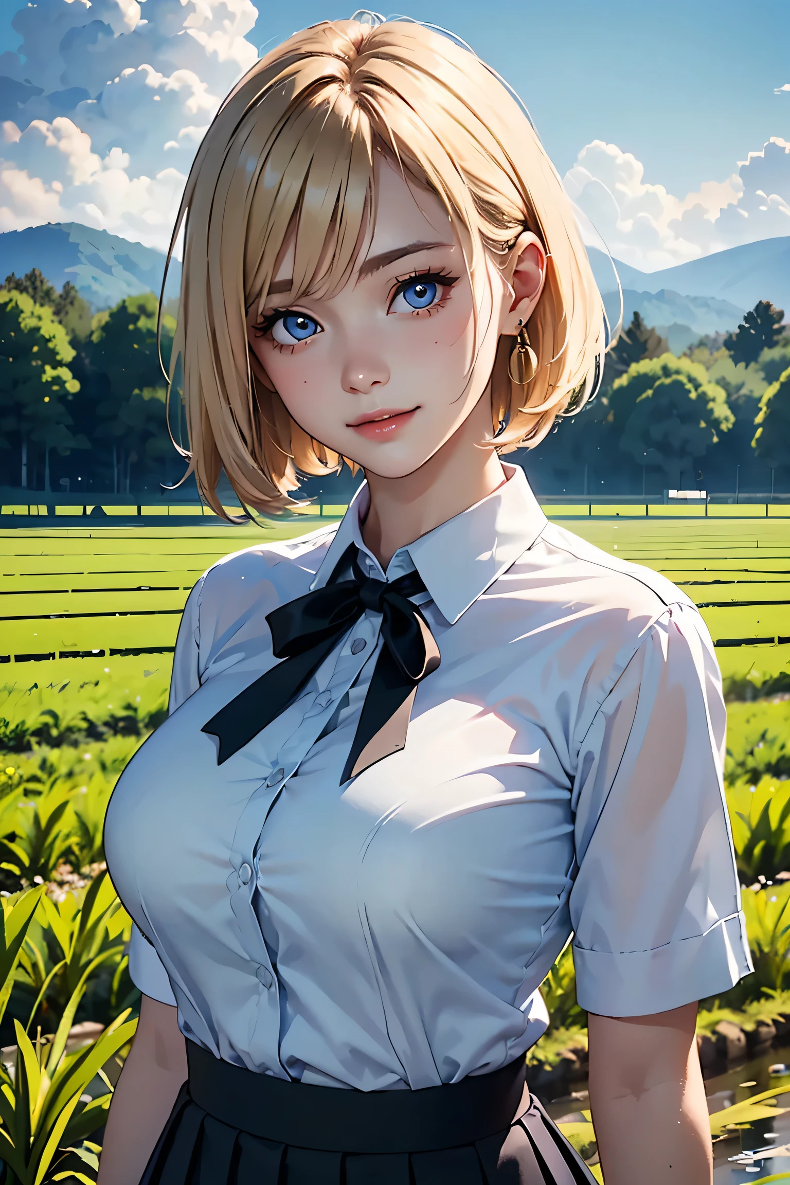 (masterpiece:1.2, Highest quality), (Realistic photos), Beautiful illustrations, (Natural side lighting, Cinema lighting),(1 person), Japanese, 20-year-old female, Perfect Face, Symmetrical cute face, Glowing Skin,Blonde Short Hair、Dark blue eyes, (Huge breasts:1.2), Slender build、Beautiful Hair, Beautiful Face, Fine and beautiful eyes, Beautiful body, Beautiful breasts,(White collared shirt、Small black ribbon、Pleated skirt)、smile、Blushing、walk、Country Road、Paddy field、blue sky、White cloud、Summer landscape
