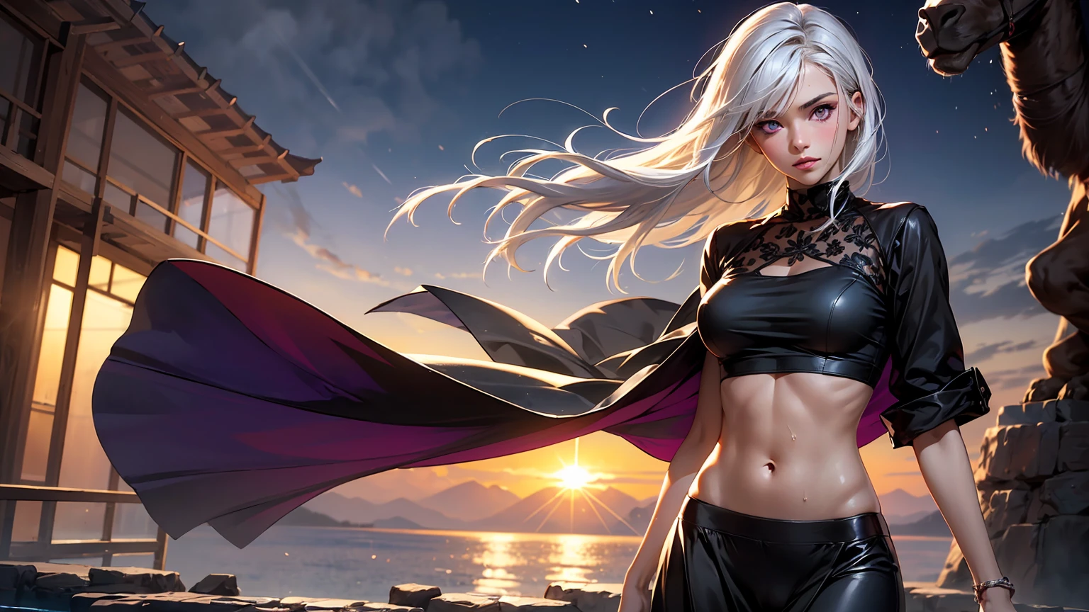 realistic, 1girl, white hair, purple eyes, glowing eyes, crop top, skirt, parted lips, blush, night, flowers, sun, sunlight, camel toe, wet, beautiful girl,